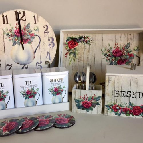 French Vintage 6 Piece set (Tray/Clock/Tin set/Teasp holder/Rusk box/4 Coasters)