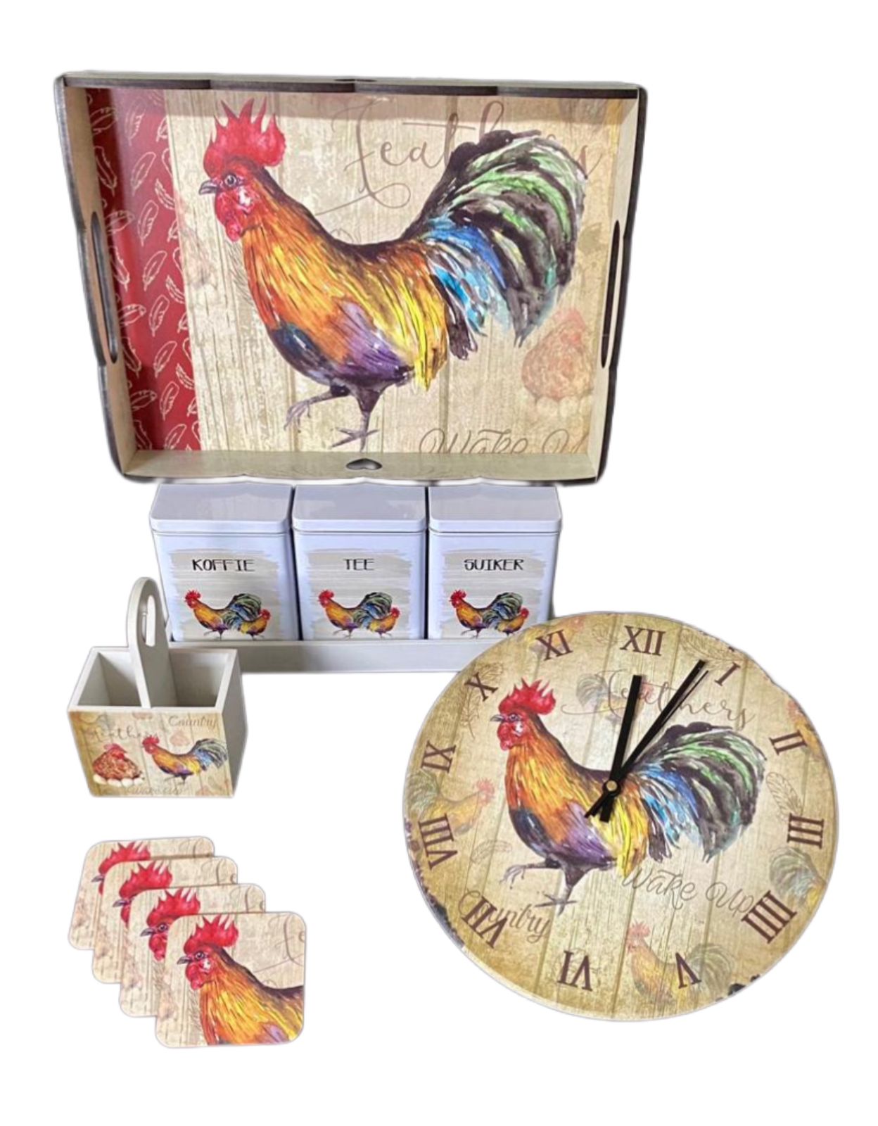 Chicken 5 piece set (Tray/Clock/Tin set/Teasp holder/coasters)