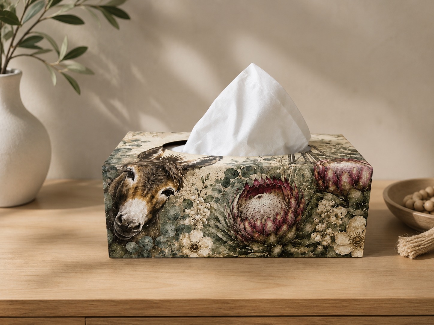TISSUE BOX – Dark Protea Donkey 2026 – Olka Polka Creations