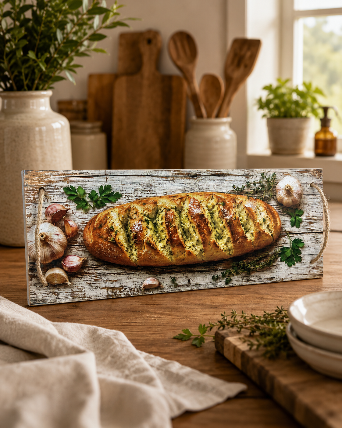 Pine Tray Rope Handles Garlic Bread